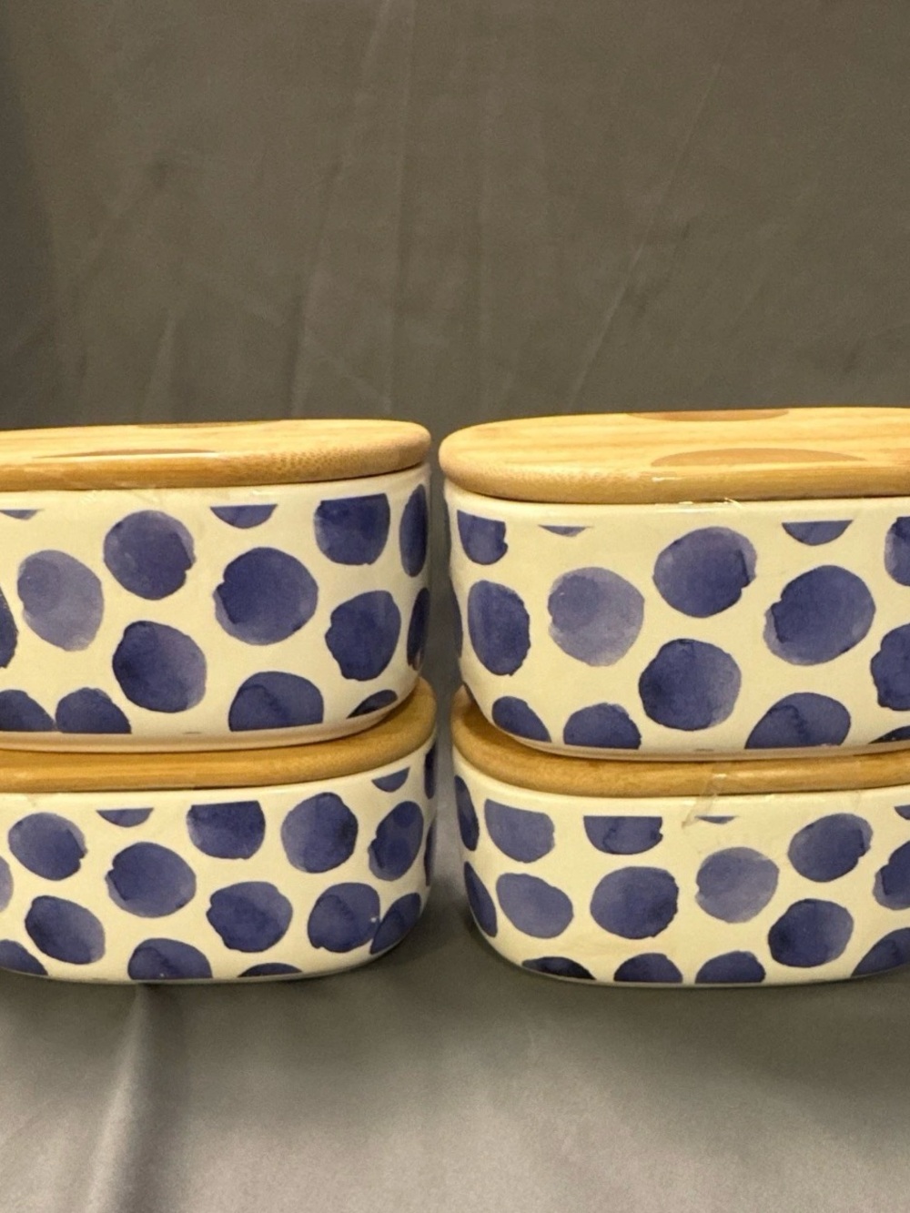 Source Unknown Blue Polka Dot Ceramic Food Storage Containers with Wood Lids
